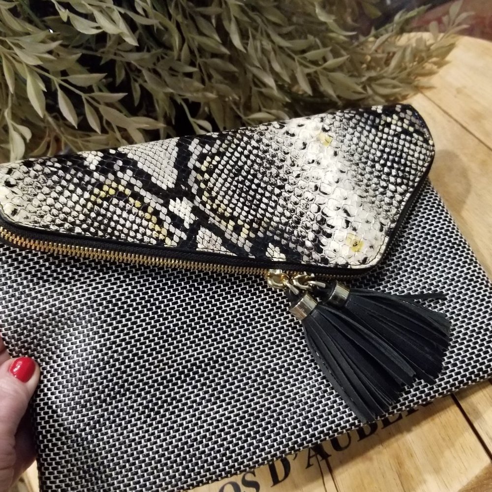 henri bendel Black White Snakeskin-Accent Foldover Clutch with Tassels - Picture 7 of 10